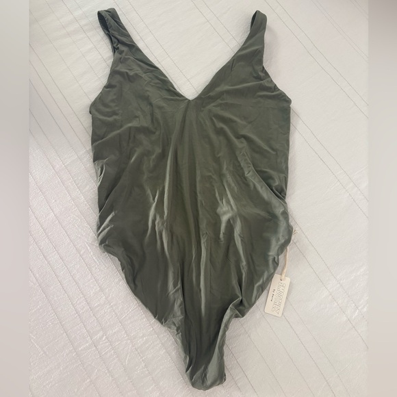 aerie Tops - Smoothez by Aerie Plunge Body Suit Olive Green V-Neck Tank Thong Coverage XL